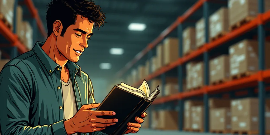 a man in a warehouse looking at a book in his hands and reading it with a smile on his face, Carlos