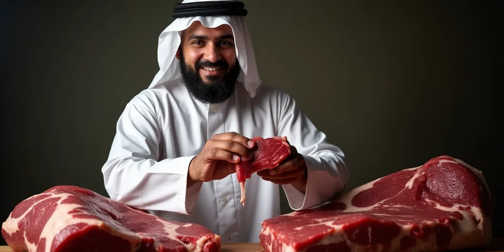 a man in a white robe holding a piece of meat in his hands and standing next to two large pieces of