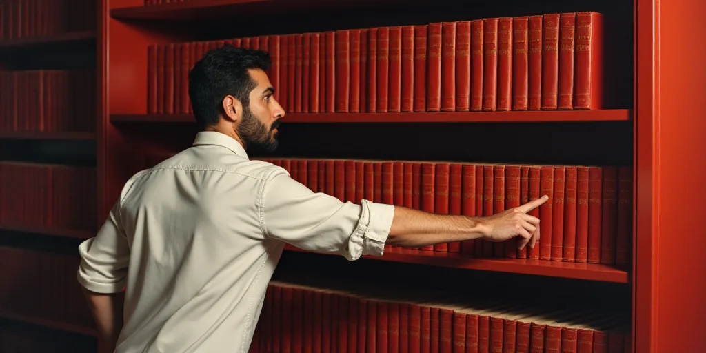 a man in a white shirt is pointing at a book shelf with red books on it and a red book case behind h