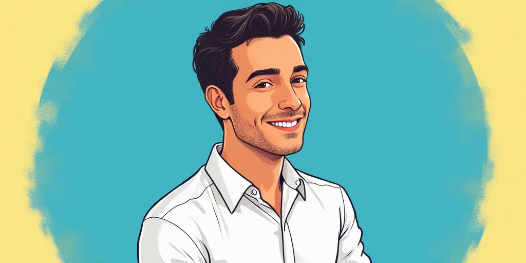 a man in a white shirt is smiling for a picture with a blue background and a yellow border around hi
