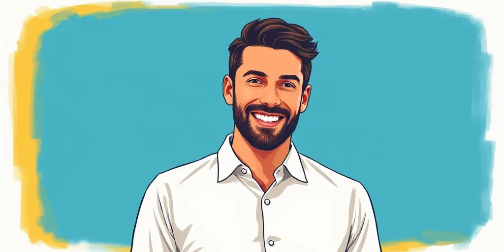 a man in a white shirt is smiling for a picture with a blue background and a yellow border around hi