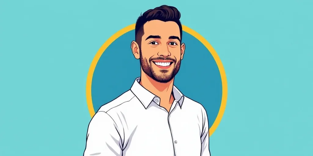 a man in a white shirt is smiling for a picture with a blue background and a yellow border around hi