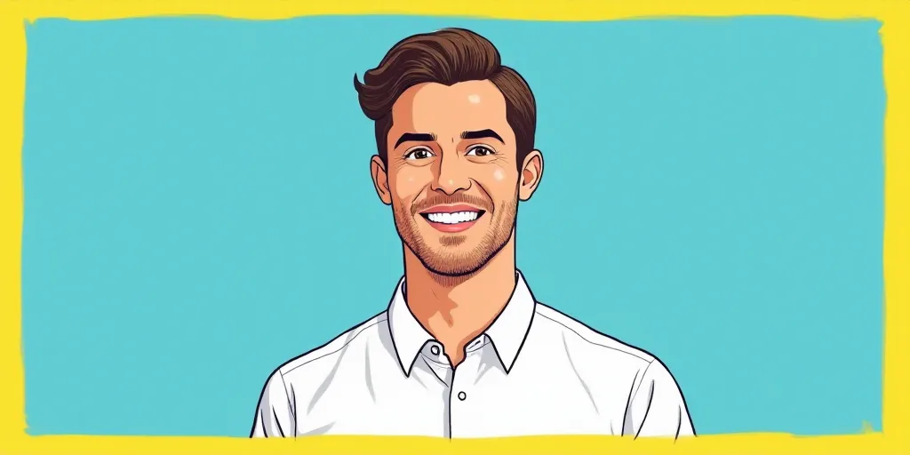 a man in a white shirt is smiling for a picture with a blue background and a yellow border around hi