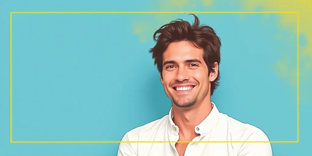 a man in a white shirt is smiling for a picture with a blue background and a yellow border around hi