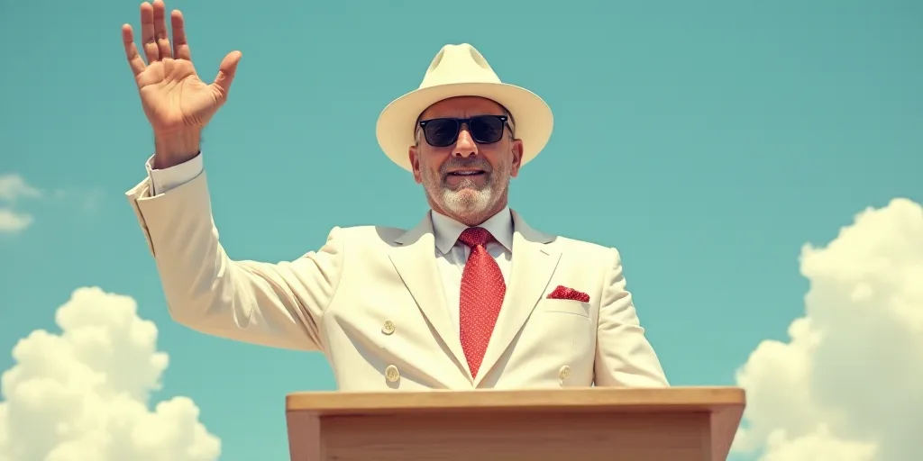 a man in a white suit and sunglasses waves from a podium while wearing a white hat and sunglasses an