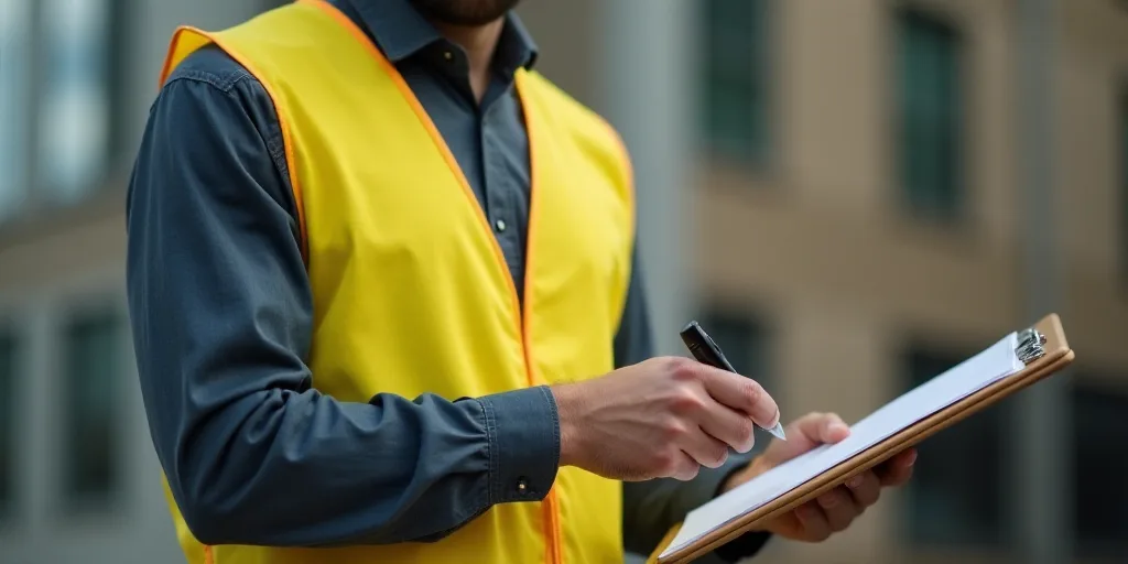 a man in a yellow vest holding a clipboard and a clipboard with a piece of paper in it, Andries Stoc