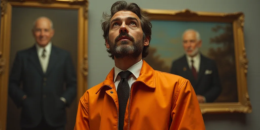 a man in an orange jacket looking up at something in the background with a painting behind him that