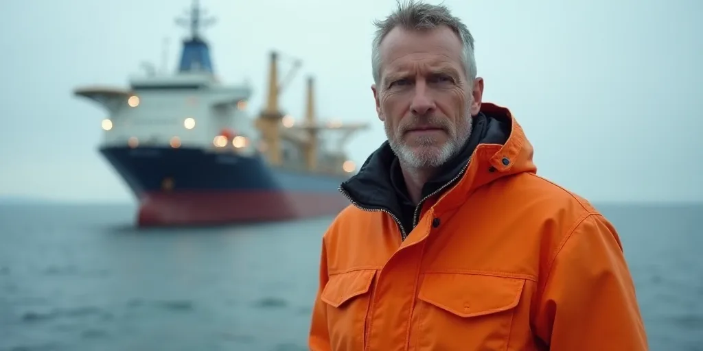 a man in an orange jacket standing in front of an oil rig and a large ship in the background, Consta