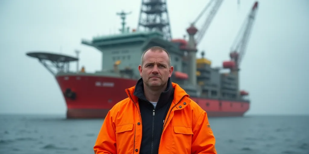 a man in an orange jacket standing in front of an oil rig and a large ship in the background, Consta