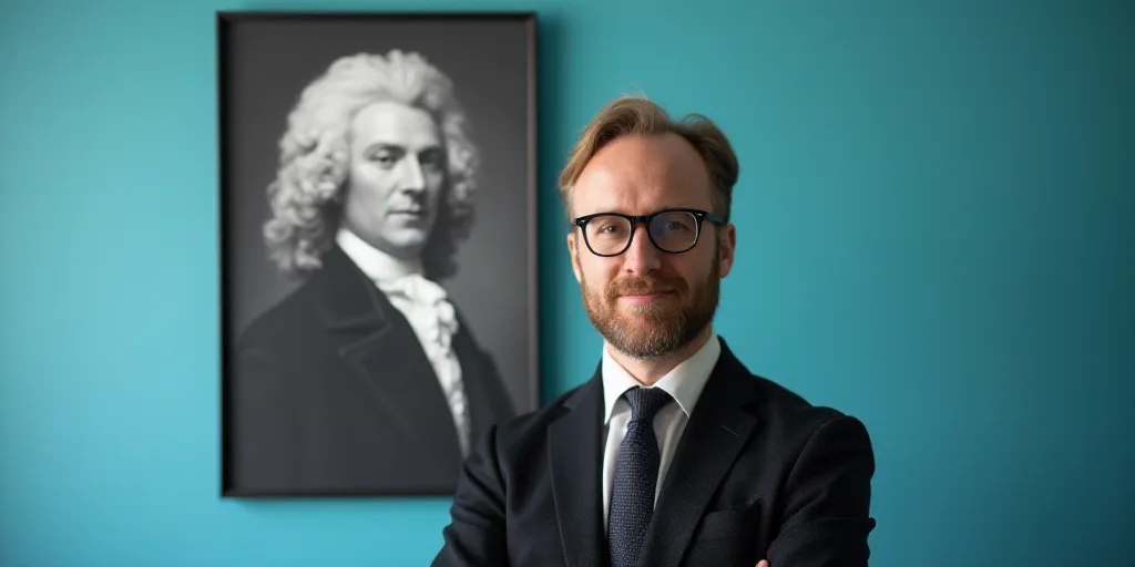 a man in glasses is standing in front of a blue background with a black and white photo of him, Edwa