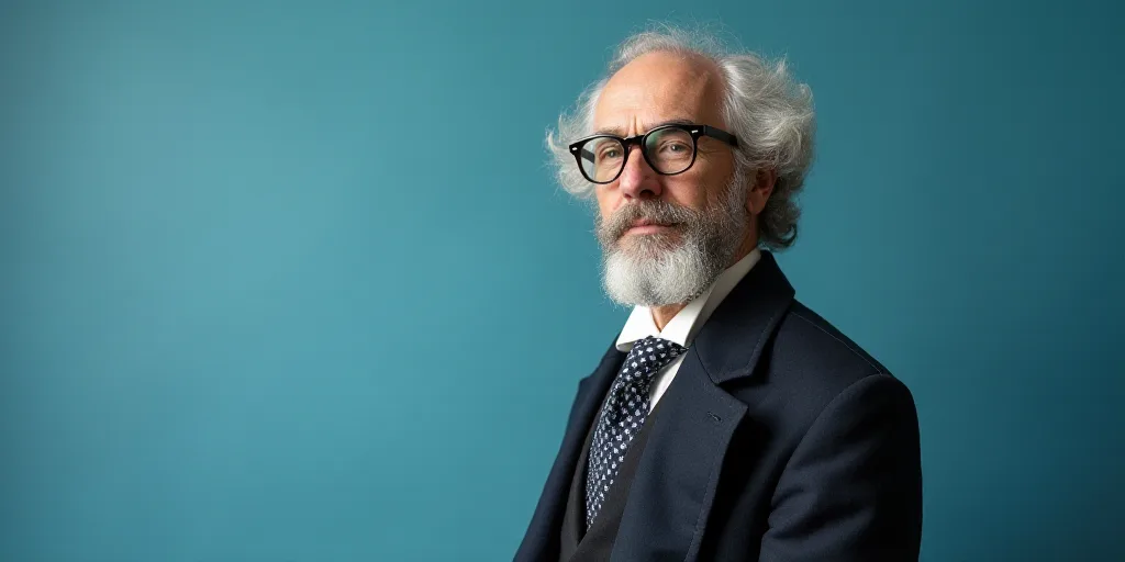 a man in glasses is standing in front of a blue background with a black and white photo of him, Edwa