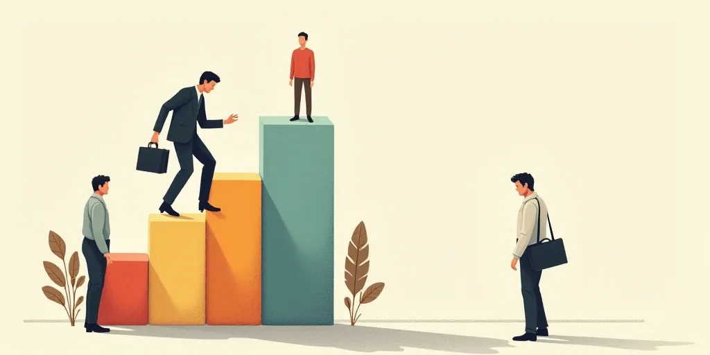 a man is climbing up a bar chart with other people on it and a man is holding a briefcase, Andries S