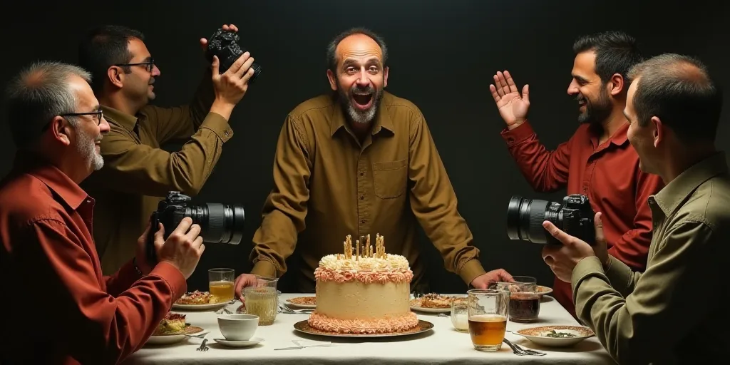 a man is excited by a cake on a table with people around him and a camera man is holding a camera, A