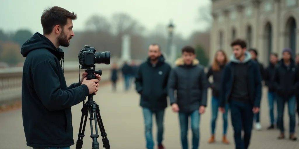 a man is filming a group of people outside with a camera on a tripod and a camera on a tripod, David