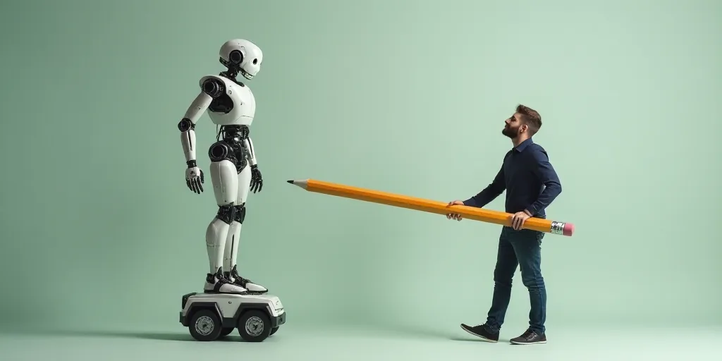 a man is holding a giant pencil and a robot is standing on a small robot like object with a human bo