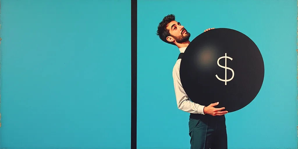 a man is holding a large black ball with a dollar sign on it and a blue background with a black and