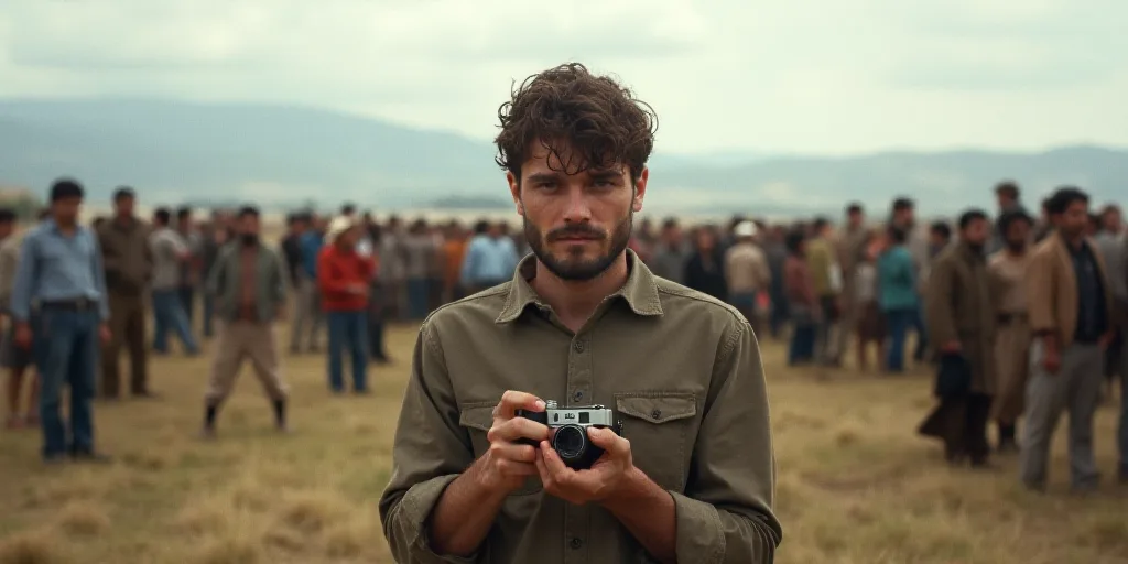 a man is holding a small device in his hands while people look on from the field behind him and a cr