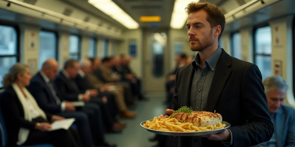 a man is holding a tray of food while sitting on a train with other people in the background on the