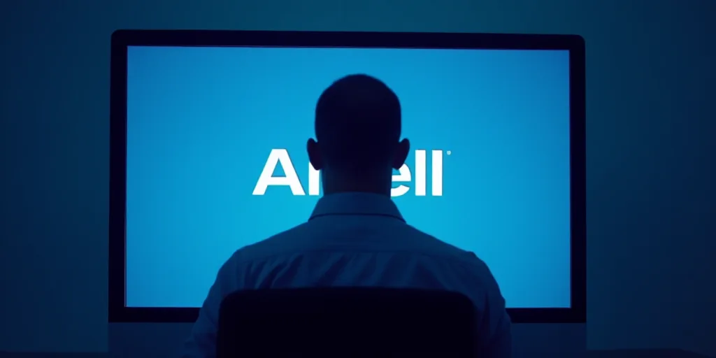 a man is looking at a computer screen with the logo of the company on it in front of a blue backgrou