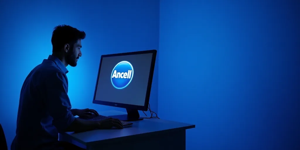 a man is looking at a computer screen with the logo of the company on it in front of a blue backgrou