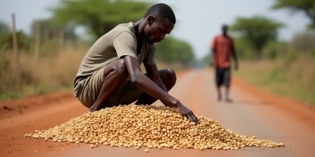 a man is picking peanuts from a pile on a road side road in a village in africa, with a man in the b