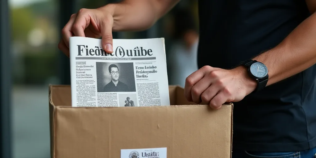 a man is putting a paper in a box with a newspaper in it and a sign on the back of it, Federico Urib