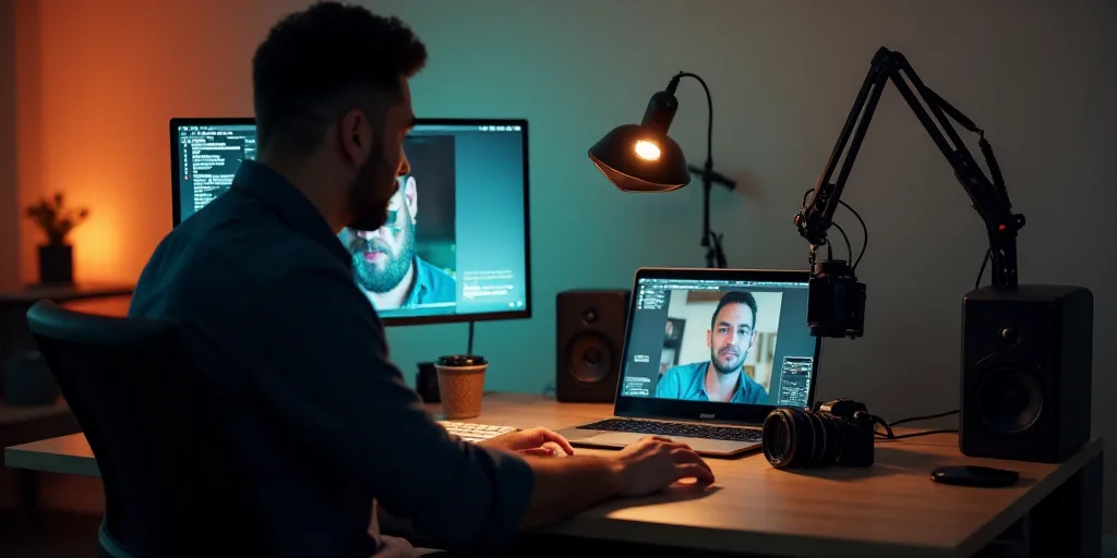 a man is recording a video of a camera and a laptop computer on a desk with a microphone and a camer