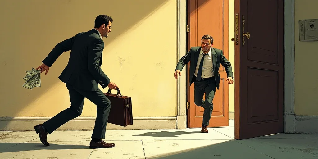 a man is running out of a door with a briefcase and money in his hand and another man is running out