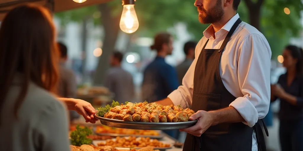 a man is serving food to a group of people at a food stand with a large tray of food, Ceferí Olivé