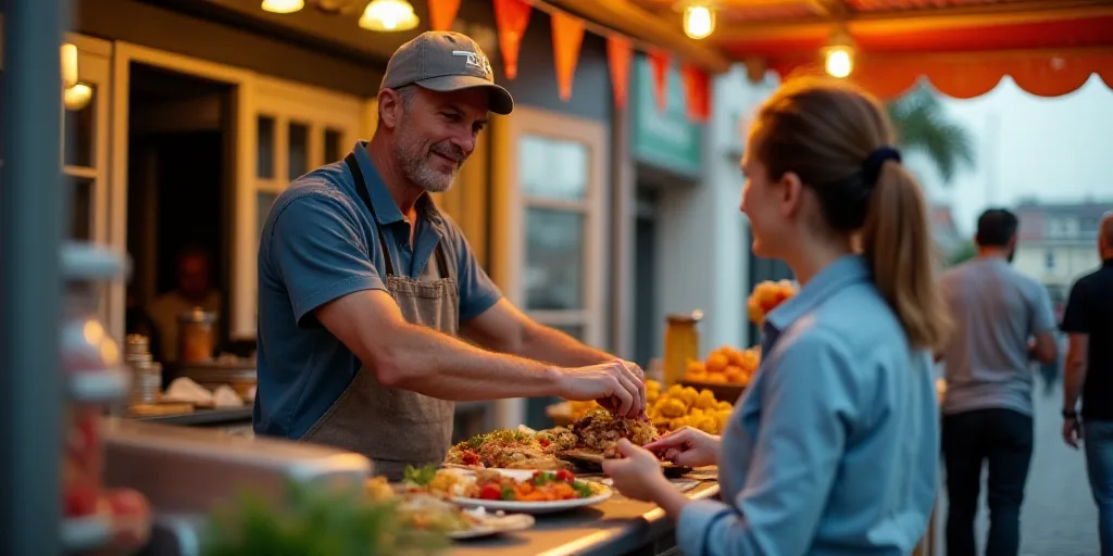 a man is serving food to a woman at a food stand outside a building with a canopy and colorful flags