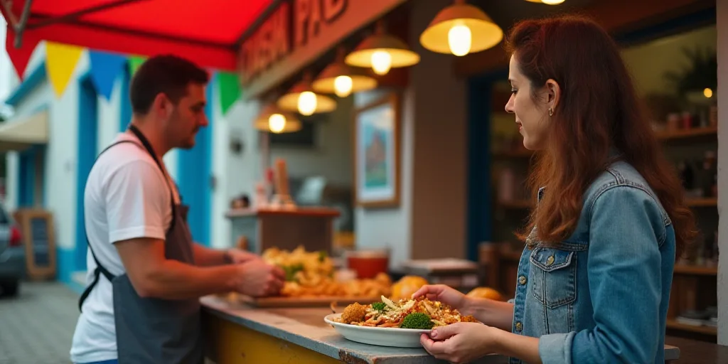 a man is serving food to a woman at a food stand outside a building with a canopy and colorful flags