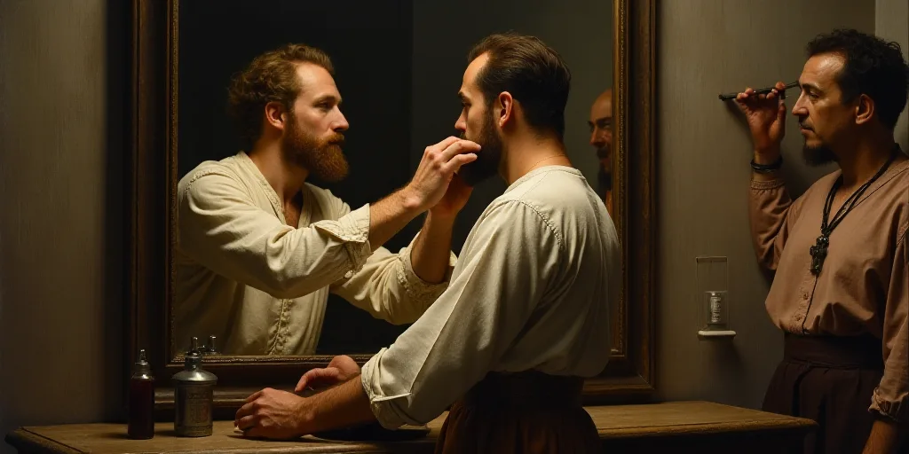 a man is shaving another man's hair in a mirror while others look on in the background, Estuardo Mal