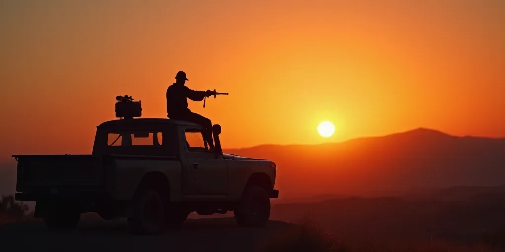 a man is shooting a red dot in the sky with a gun and a camera on a truck at sunset, Andries Stock,