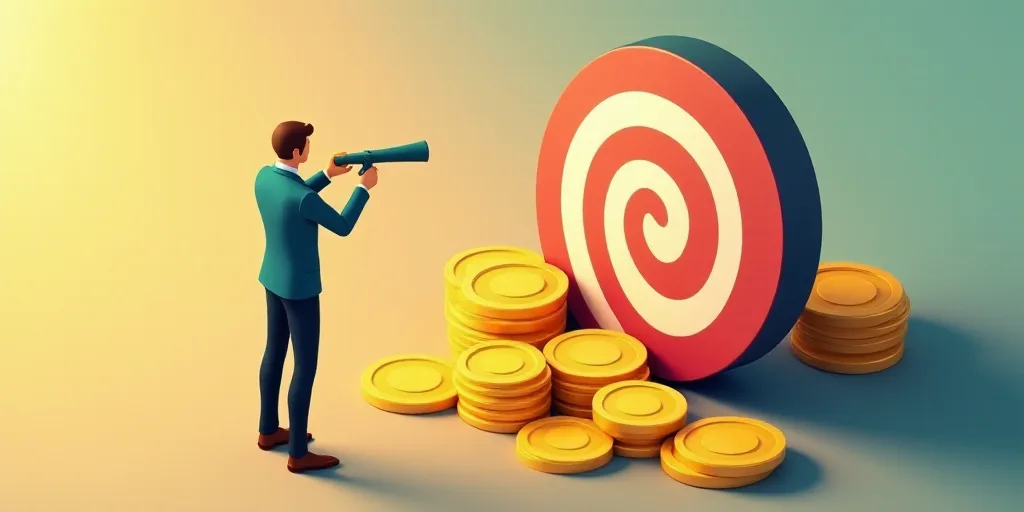 a man is standing on a pile of gold coins and looking through a telescope at a target with a bulls e