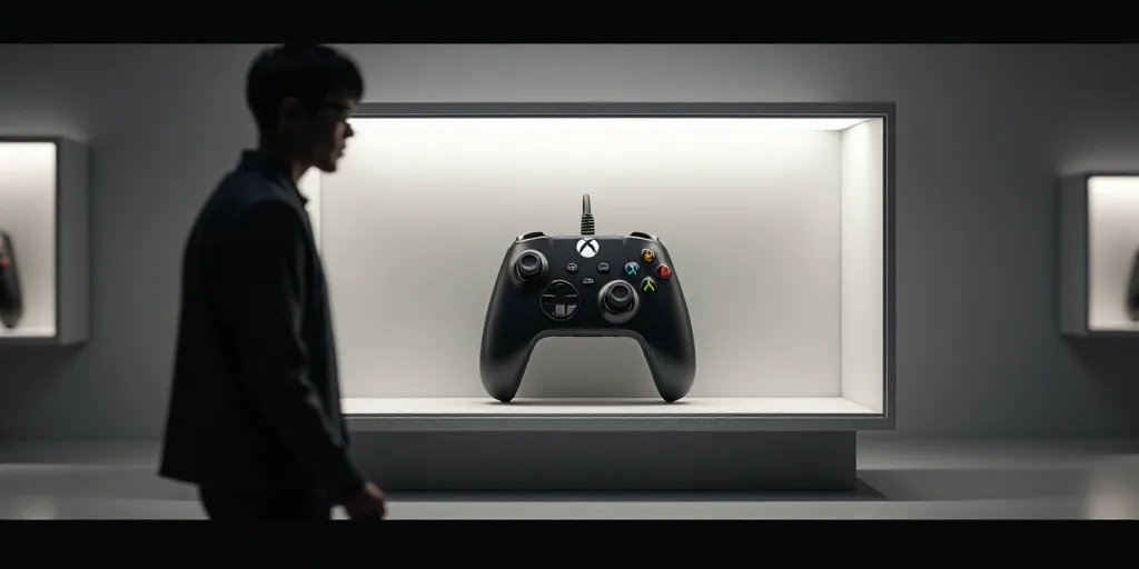 a man is walking past a display case with a video game controller in it's display case,, Akihiko Yos