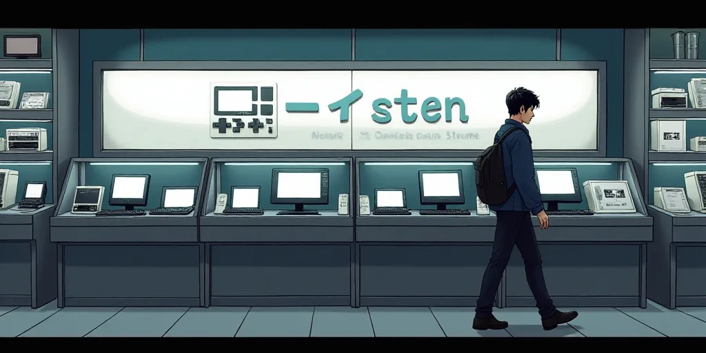 a man is walking past a display of electronic devices in a store, with a player station sign on the