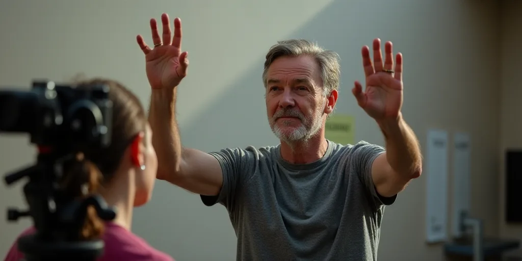 a man is waving and holding his hands up in the air with a camera in the background and a woman in t