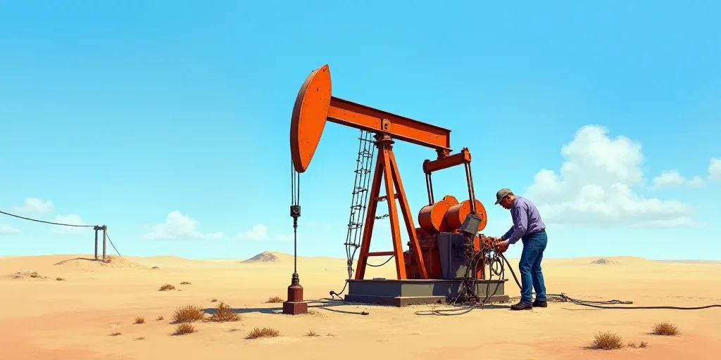 a man is working on a pump in the desert with a blue sky in the background and a few wires in the ba