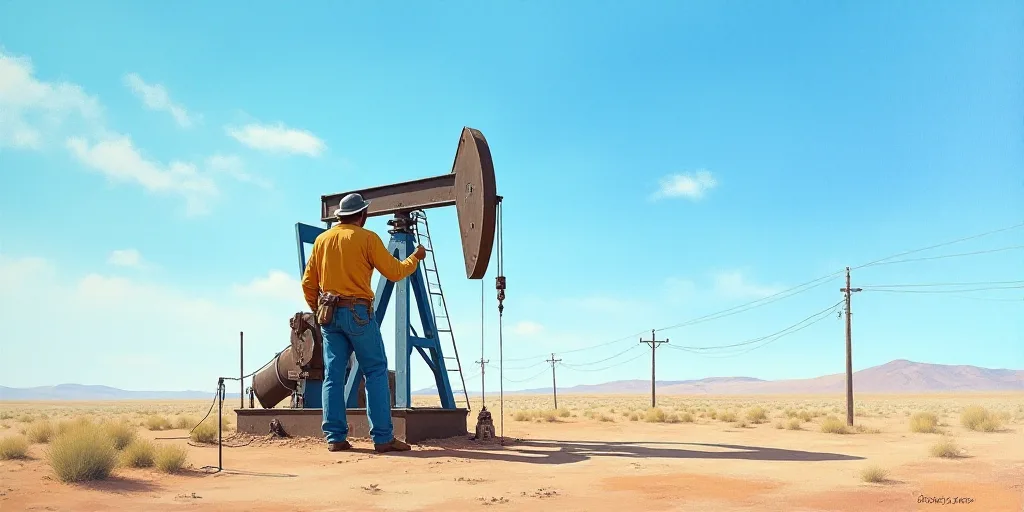 a man is working on a pump in the desert with a blue sky in the background and a few wires in the ba