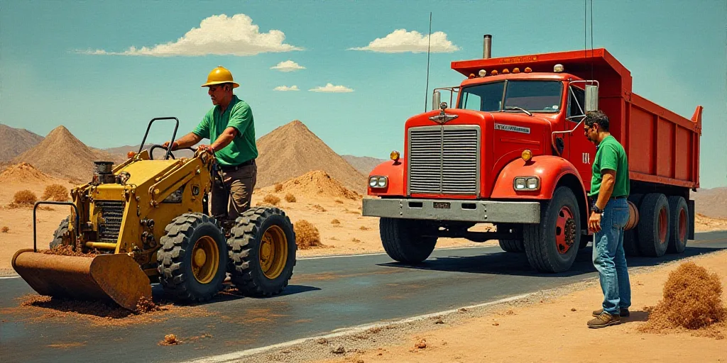 a man is working on a road with a machine and a bucket of dirt behind him and a man in a green shirt