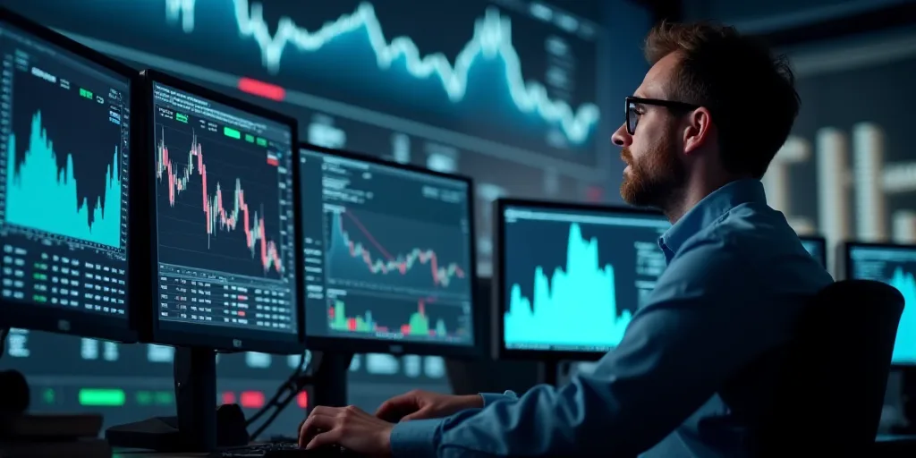 a man looking at multiple computer screens with graphs on them in a stock market room with a man in