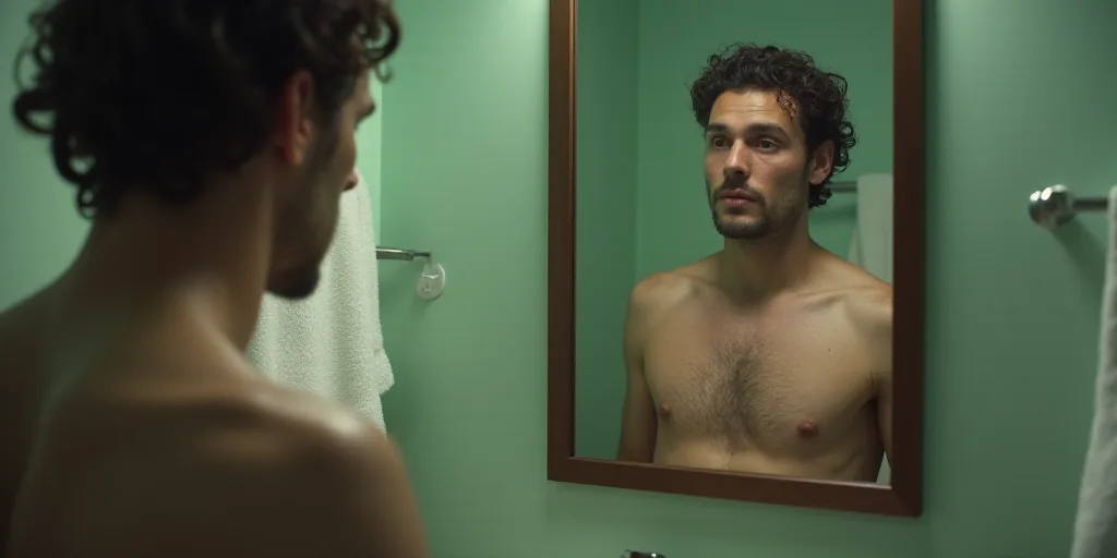 a man looking in a mirror in a bathroom with a towel hanging on the wall behind him and a towel hang