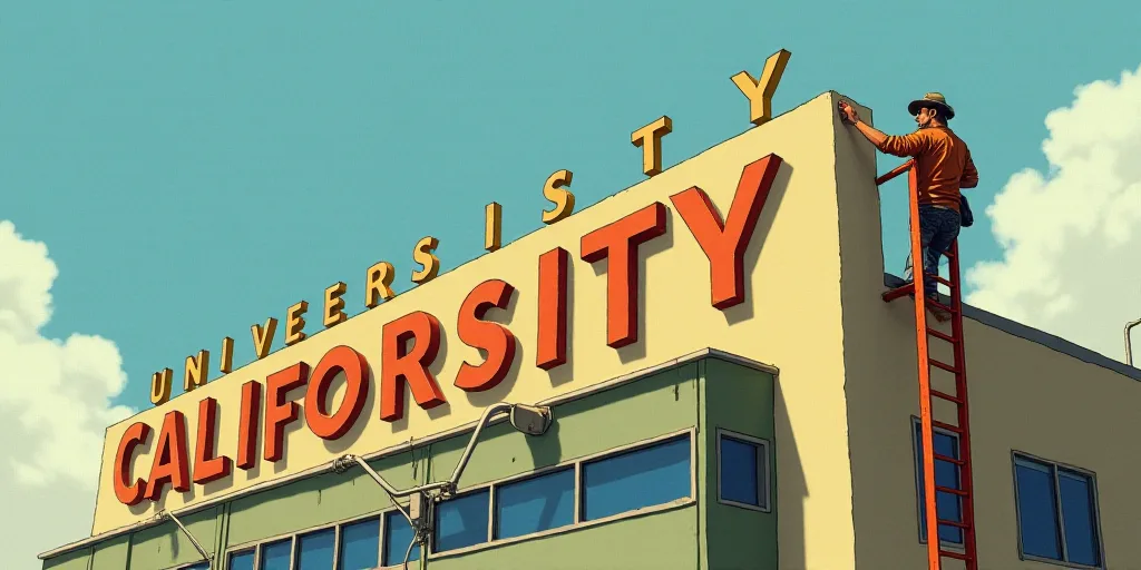 a man on a ladder working on a building sign that reads university of california at the top of it, B