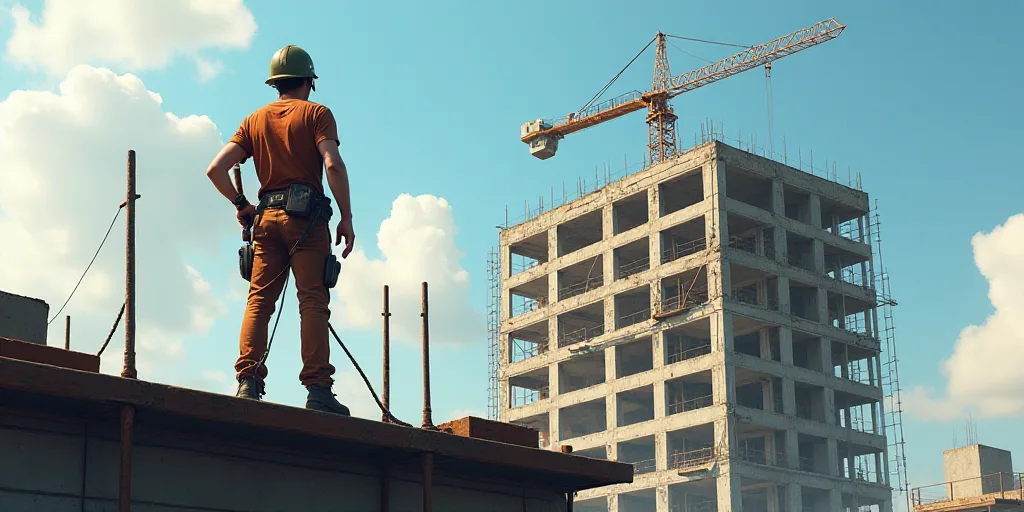 a man on a scaffolding on a building with a helmet on top of it and a building under construction, E