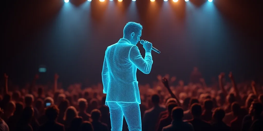a man on stage with a microphone in his hand and a crowd in the background watching him from the aud