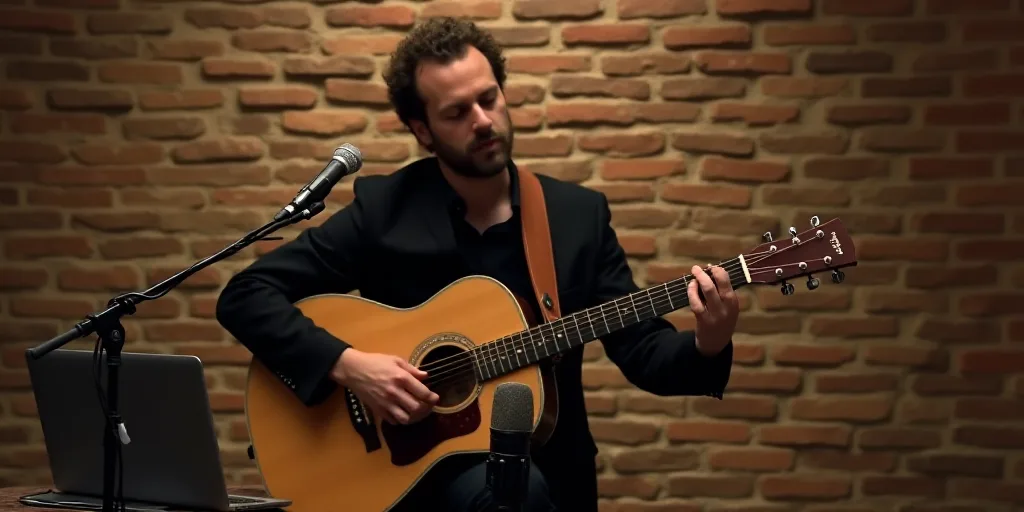 a man playing a guitar in front of a brick wall with a laptop on it and a microphone in front of him