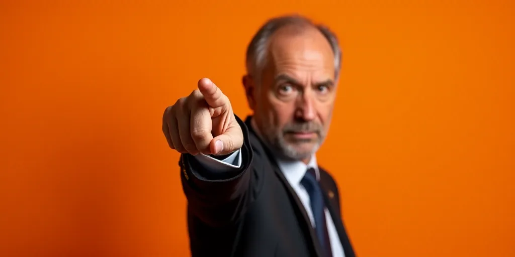 a man pointing his finger at the camera with a serious look on his face and a suit jacket on, Donald