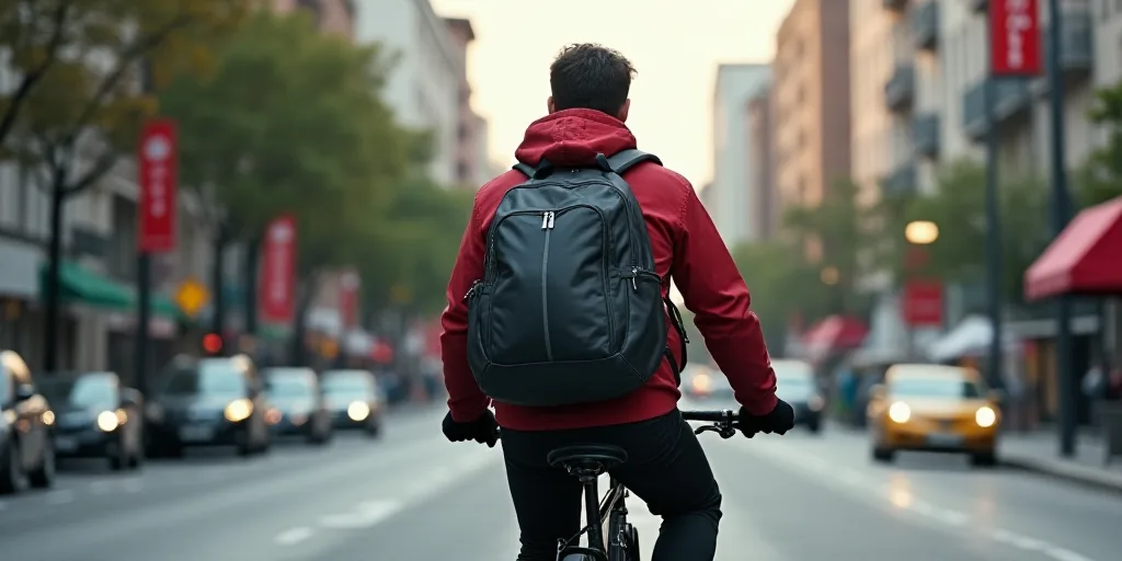 a man riding a bike down a street with a backpack on the back of it's back pack, Federico Uribe, hyp