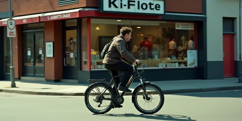 a man riding a bike down a street past a store front with a sign on it's side, Carlos Catasse, scree