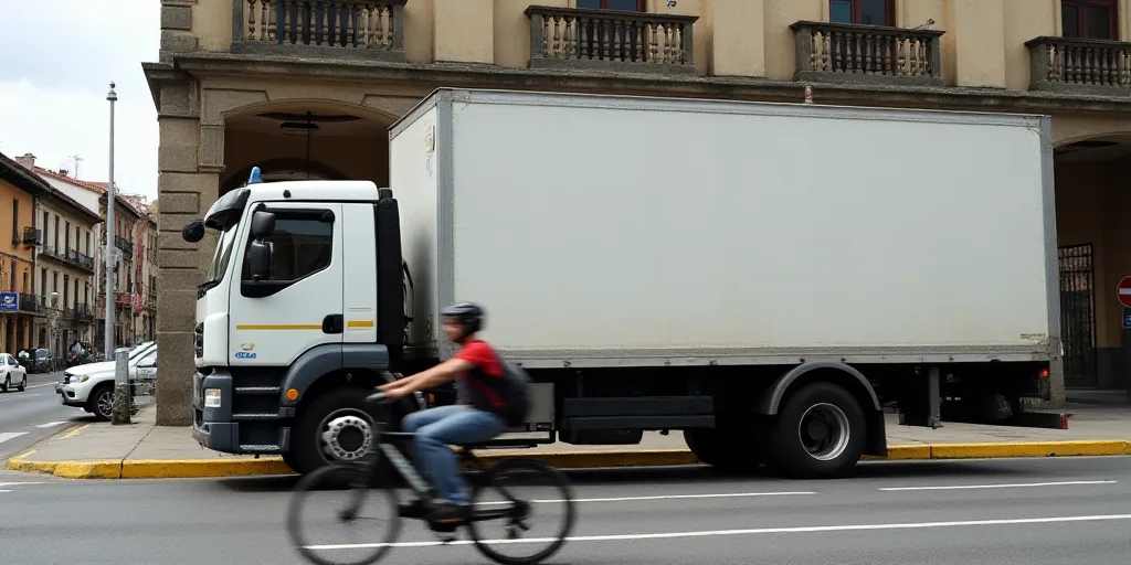 a man riding a bike past a large truck on a street corner in front of a building with a yellow guard
